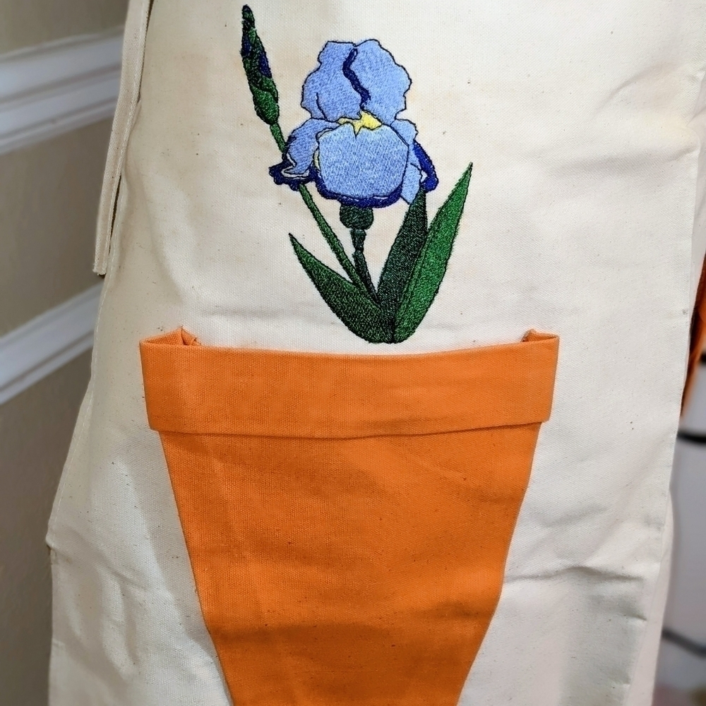 Embroidered irises in planter pockets apron OOAK